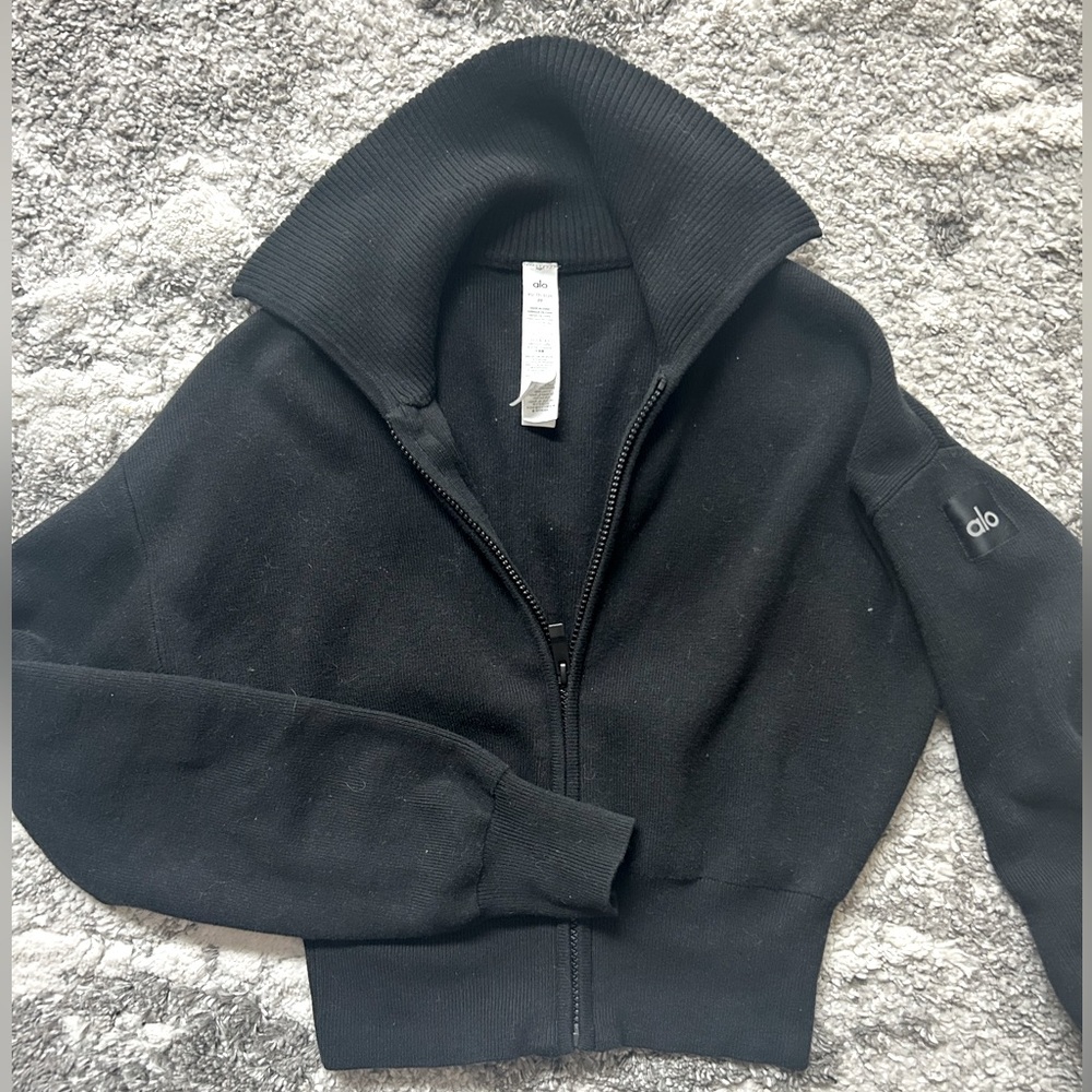 ALO Yoga Black Zip-Up Rib Collar Sweater Cardigan